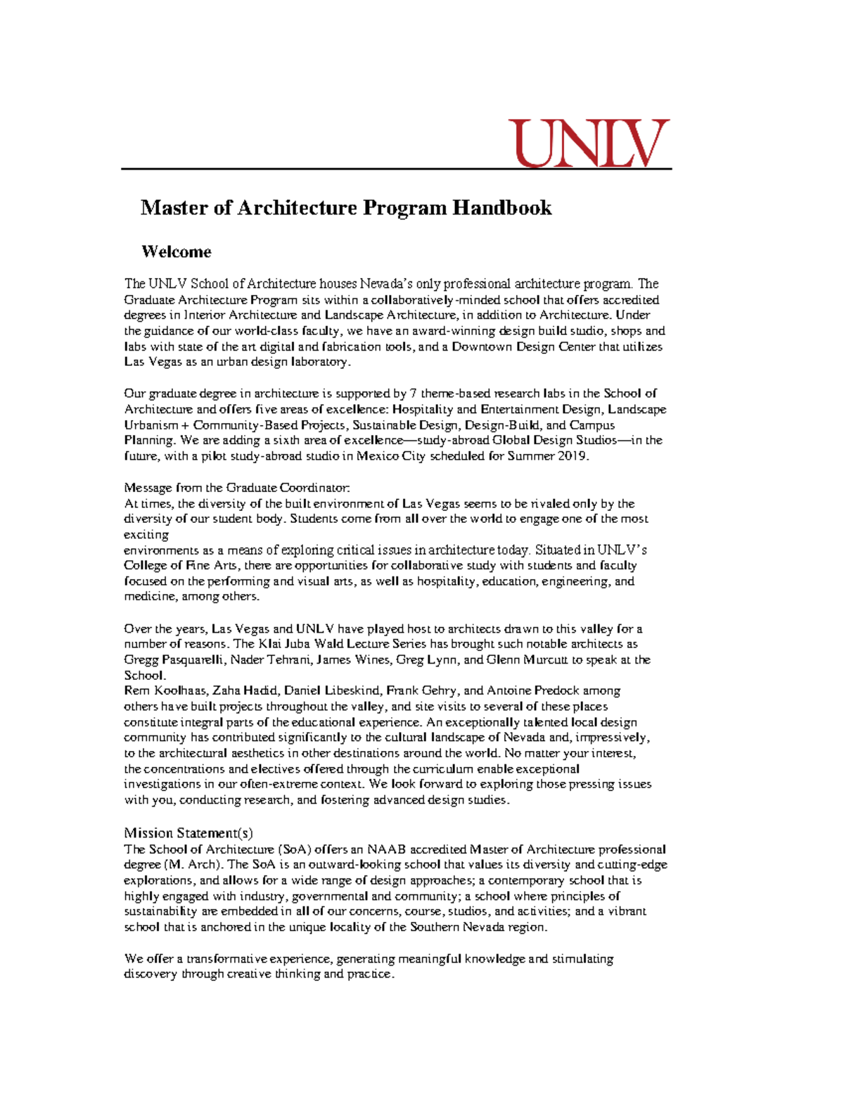 Master of Architecture Program Handbook 2022 - UNLV - Studocu
