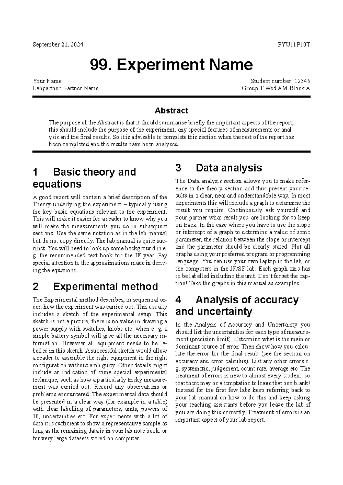PYU11P10T 99. Lab Report Template: Experiment Overview & Analysis - Studocu