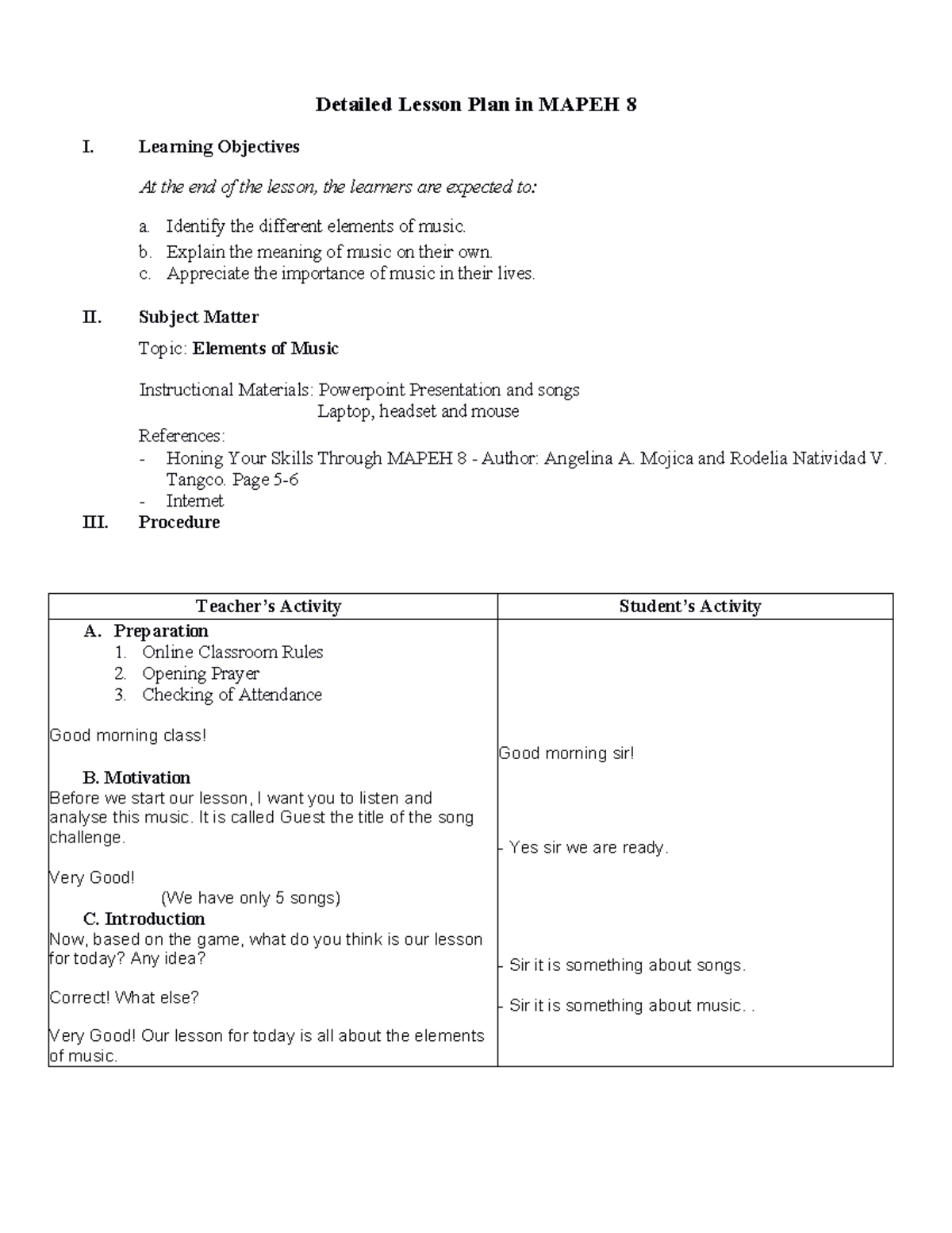 Detailed Lesson Plan on Elements of Music in MAPEH 8 - Studocu
