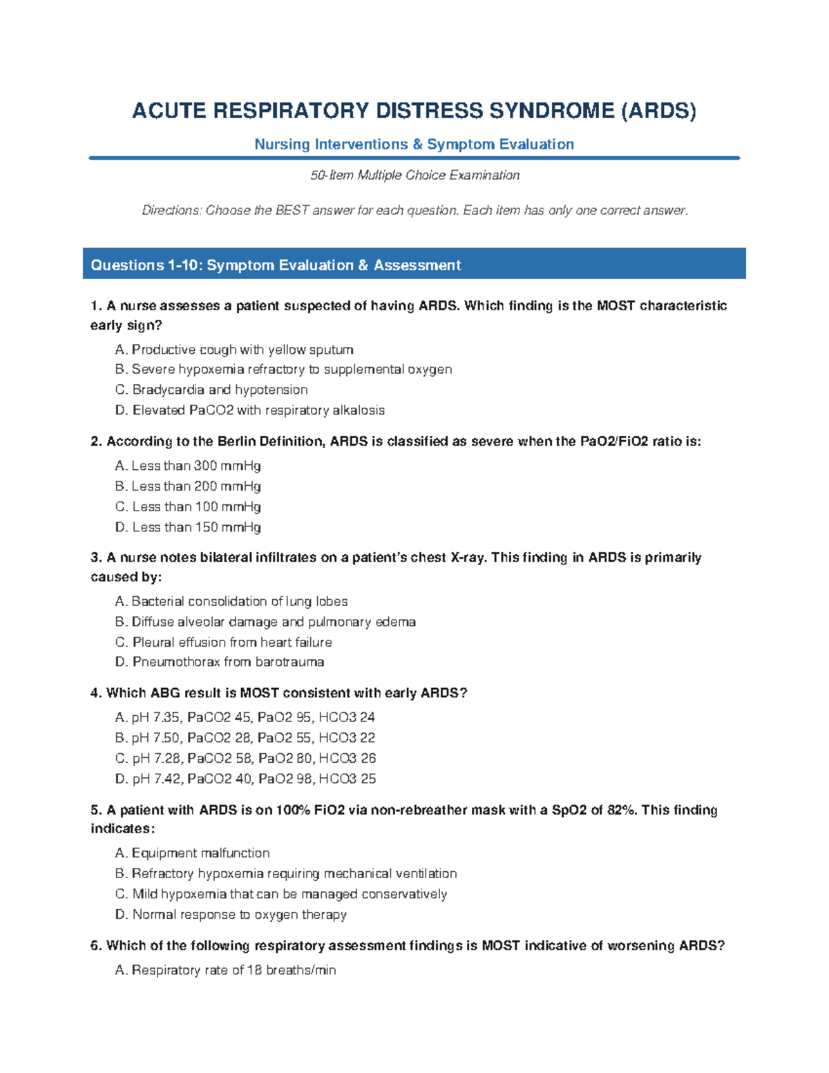 ARDS Nursing Interventions: MCQ Exam for Symptom Evaluation - Studocu