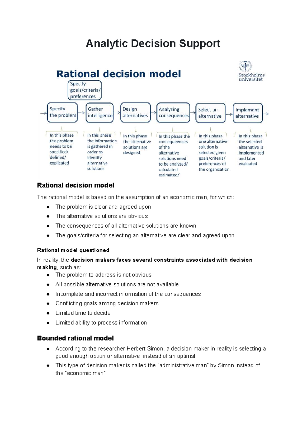 Analytic Decision Support: Understanding Rational Decision Models - Studocu