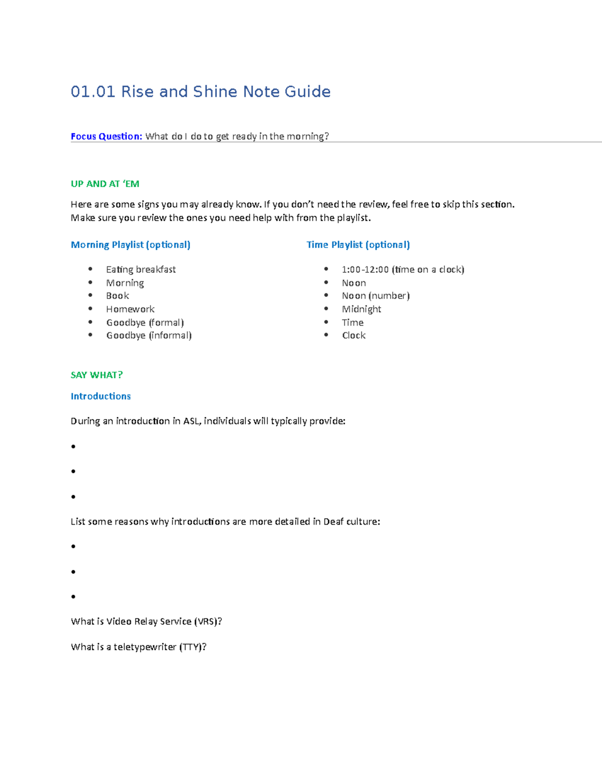 01.01 ASL Rise and Shine Note Guide for Morning Routines - Studocu