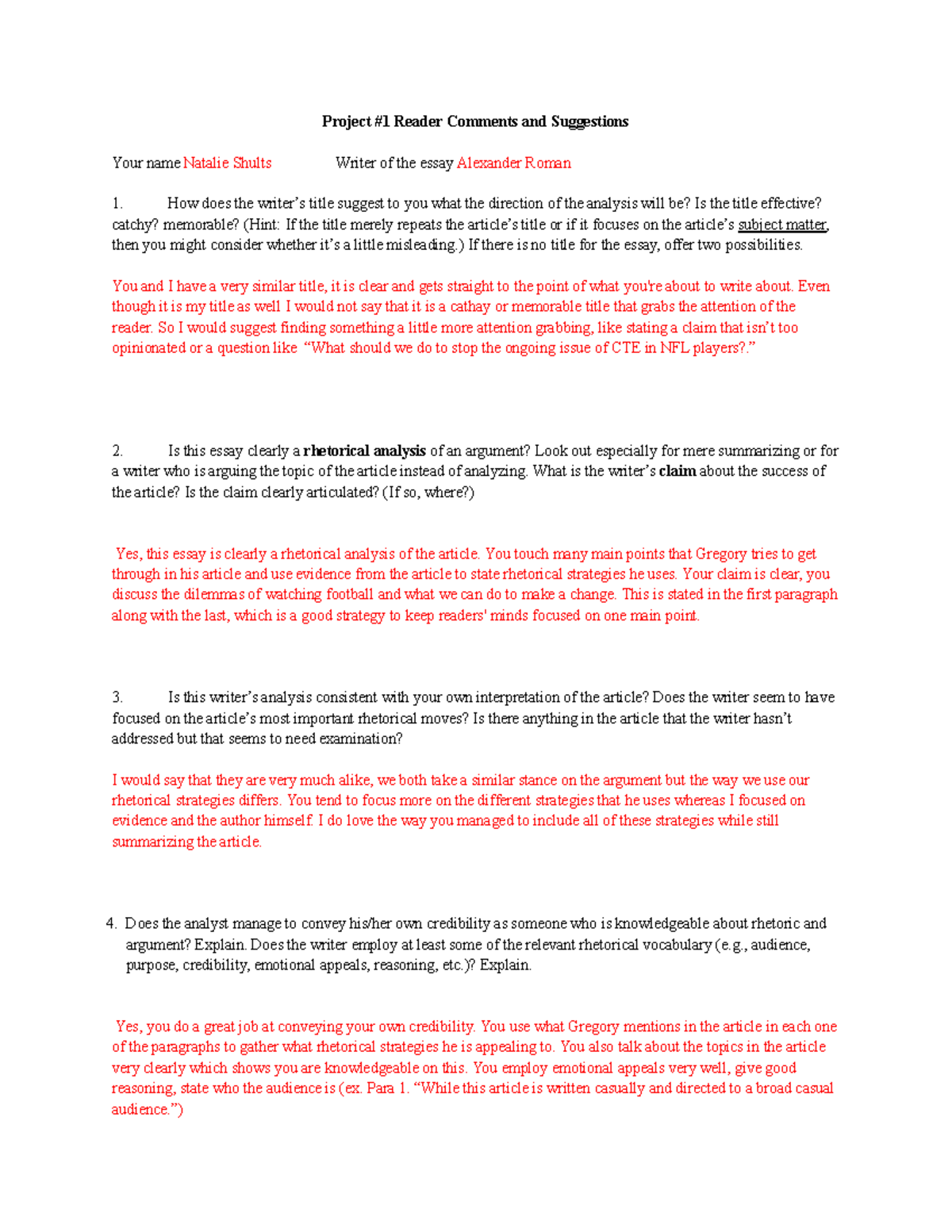 RCS #3 - Google Docs - Readers Comment and Suggestions - Project #1 ...