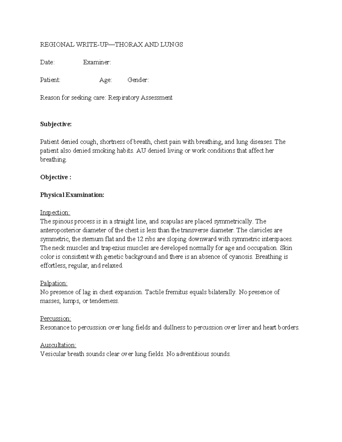 Regional Write-Up: Thorax and Lungs Assessment for Patient Care - Studocu