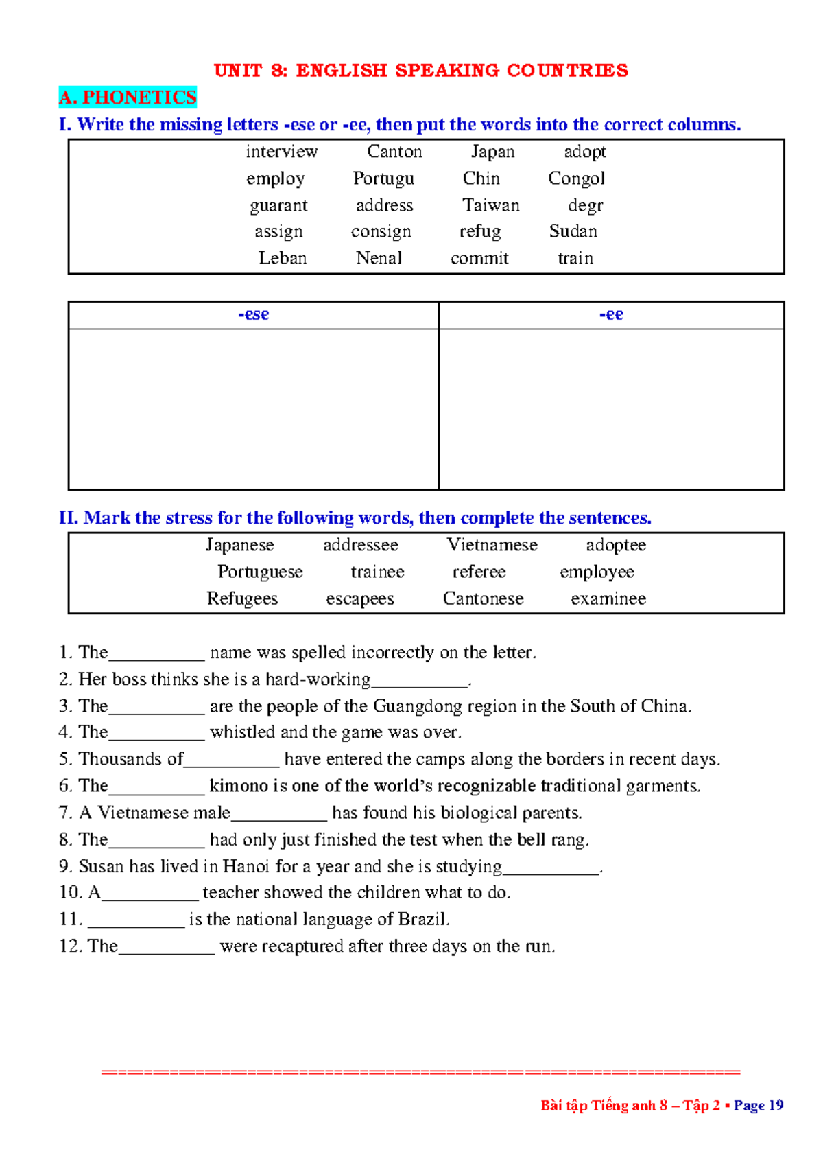 UNIT 8: ENGLISH SPEAKING COUNTRIES - PHONETICS & GRAMMAR EXERCISES ...