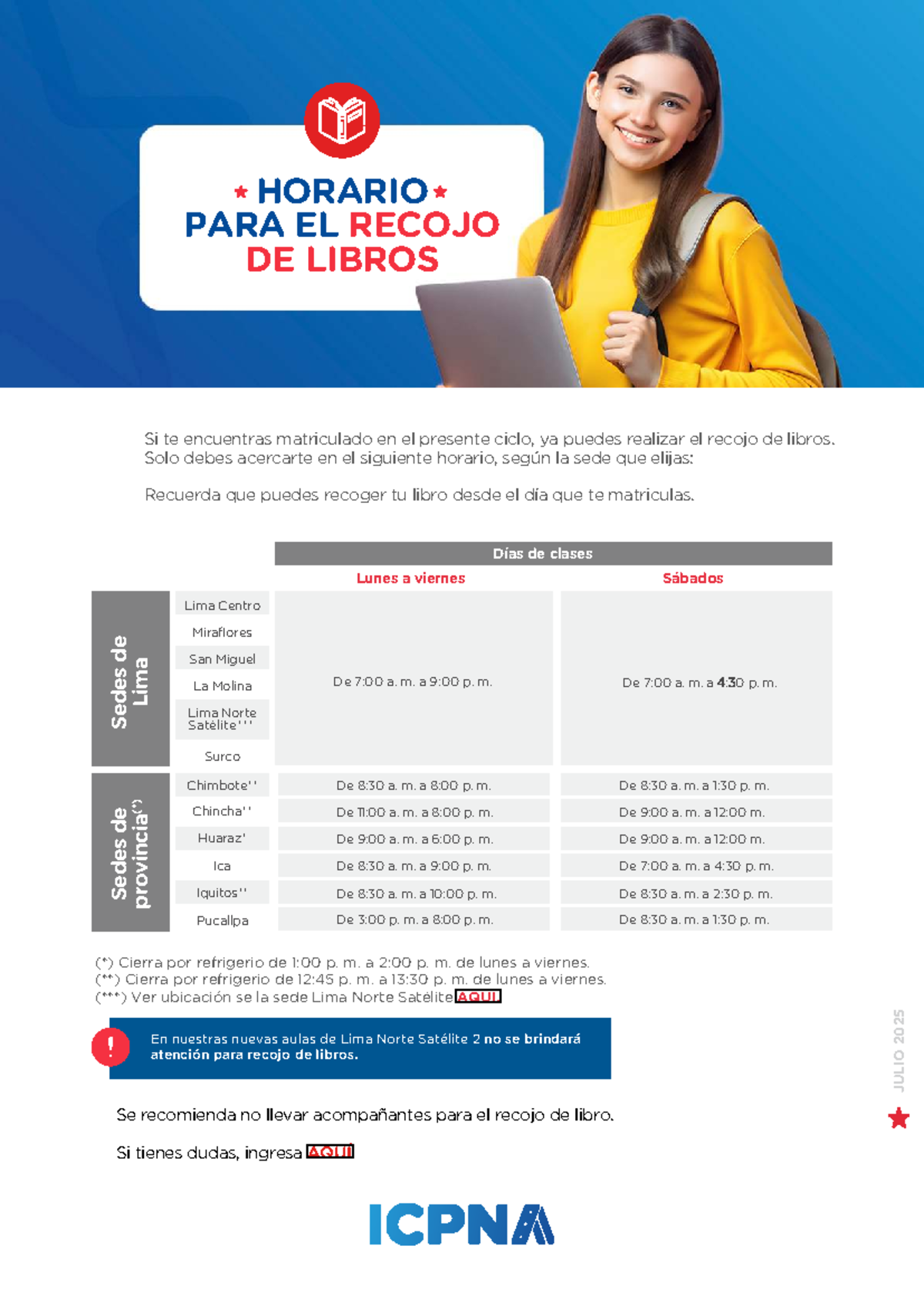 HORARIO DE RECOJO DE LIBROS - JULIO 2025 - Studocu