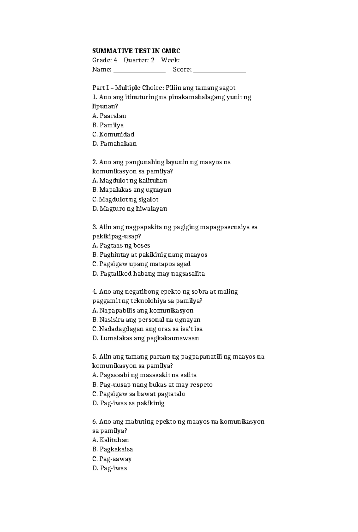 Summative Test in GMRC (Grade 4, Quarter 2) - Studocu