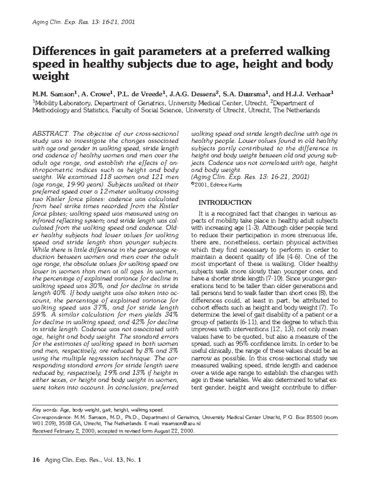 2001 Aging Clin. Exp. Res. - Gait Parameters & Walking Speed by Age ...