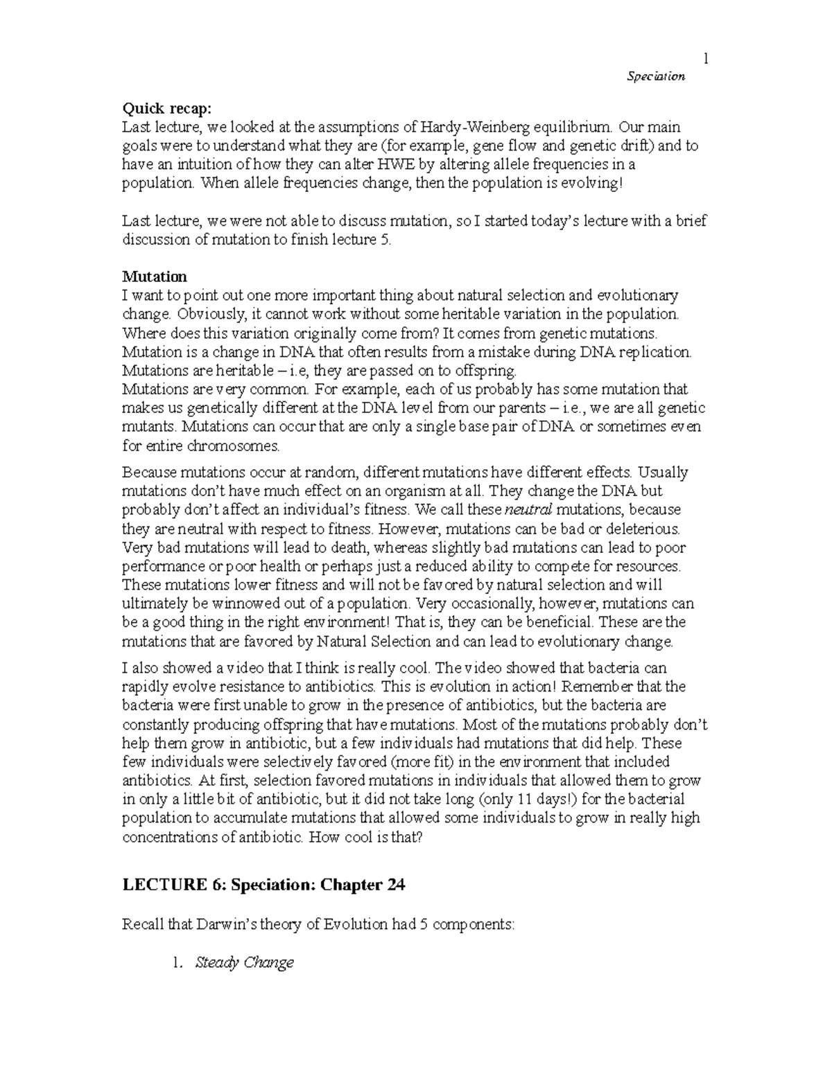 LECTURE 6: Speciation Concepts from Chapter 24 in Biology - Speciation ...