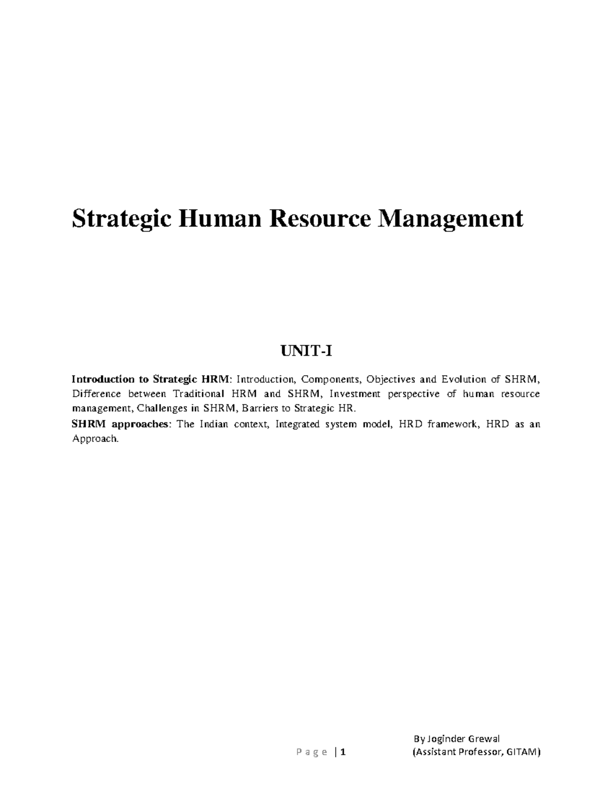 SHRM 1st Unit - notes - By Joginder Grewal Strategic Human Resource ...
