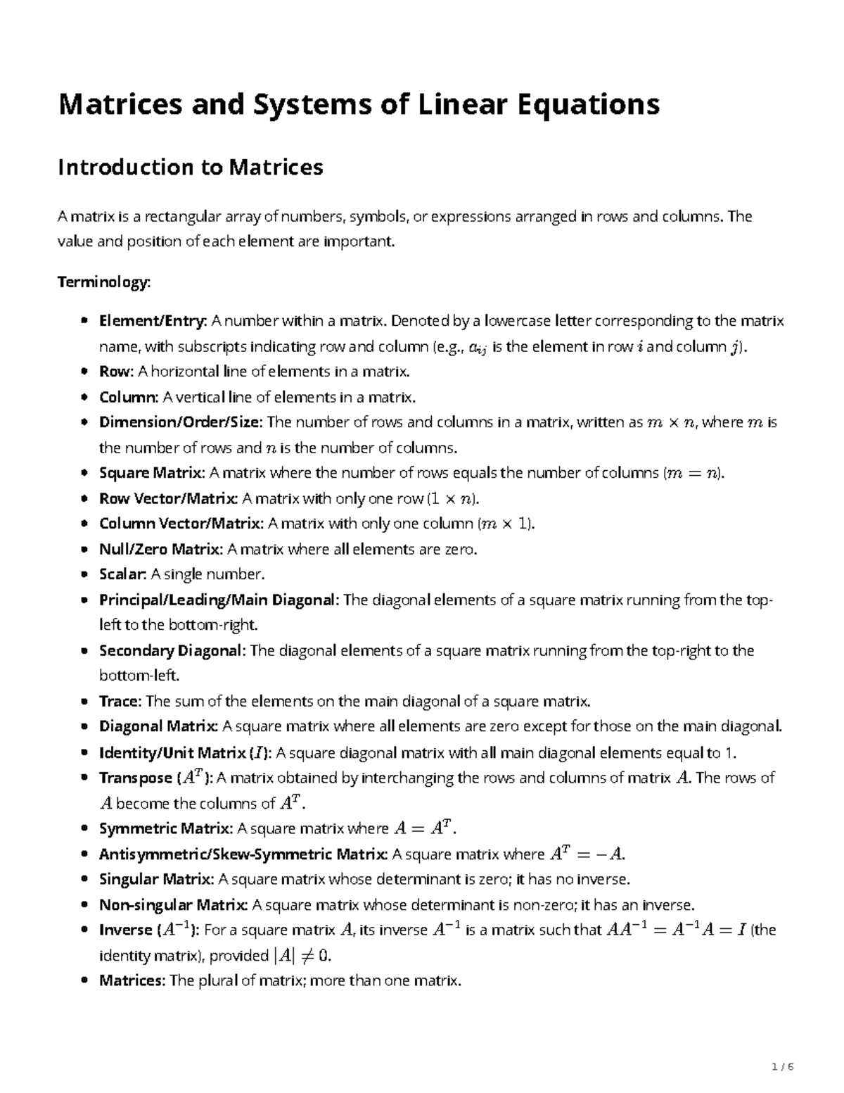 Matrices and Systems of Linear Equations: Introductory Concepts ...