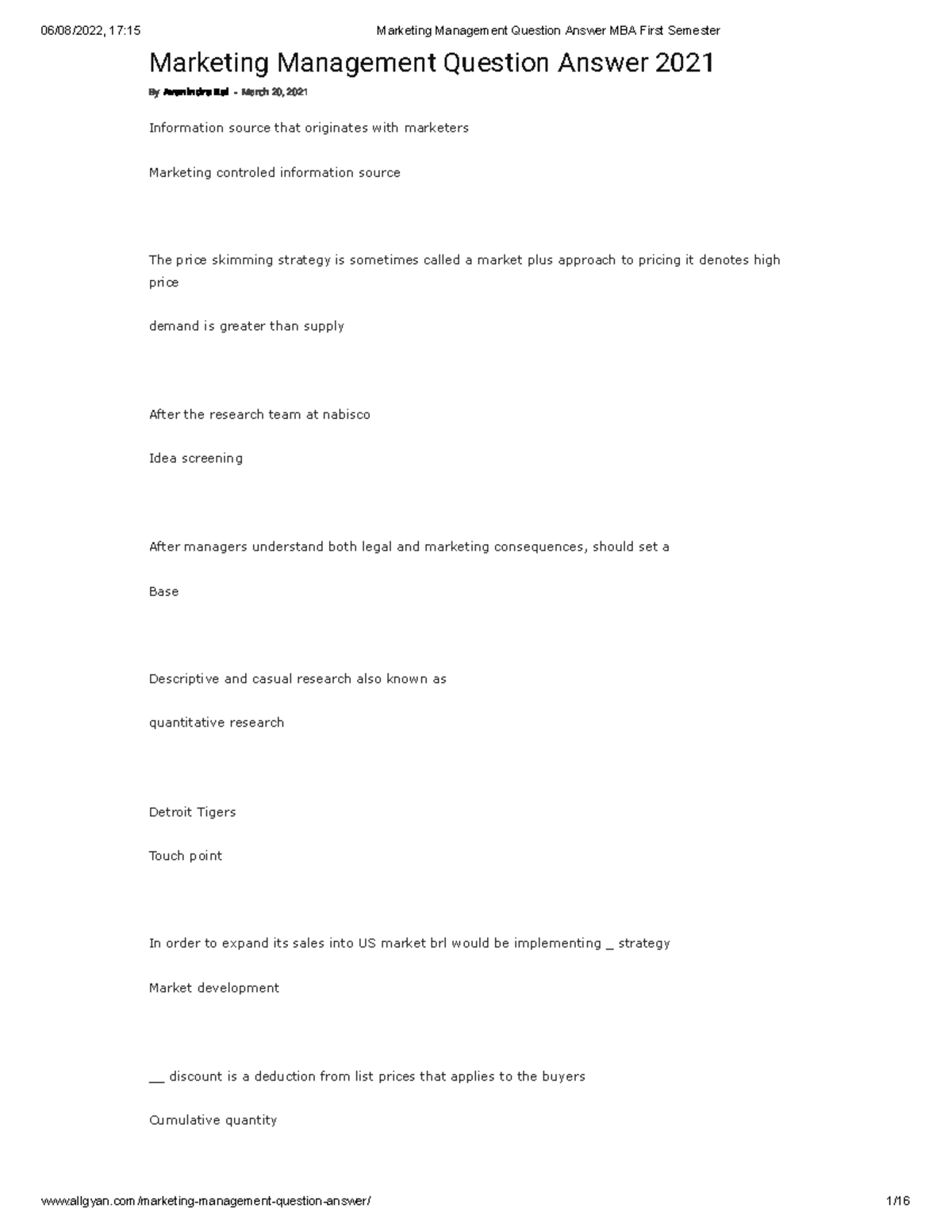 Marketing Management Question Answer MBA First Semester - Marketing ...
