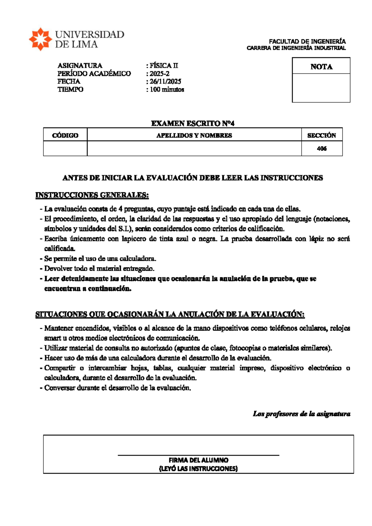Examen Final FISICA II EE4 2025-2: Instrucciones y Preguntas - Document Preview