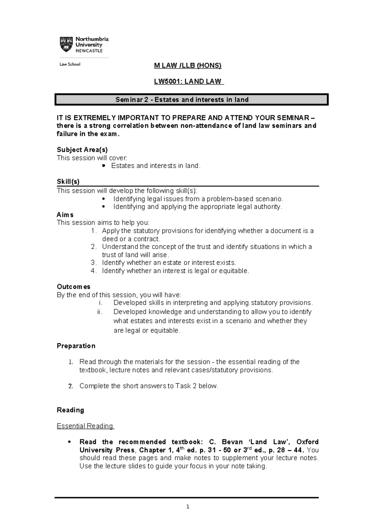 LW5001: Seminar 2 - Estates and Interests in Land Law - Studocu