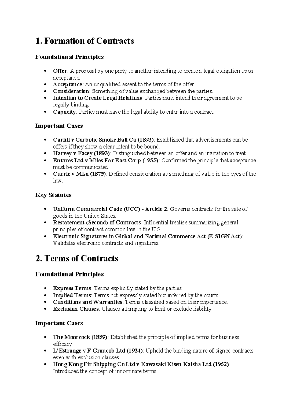Contract Law (LAW101) - Formation & Terms - Study Notes - Studocu