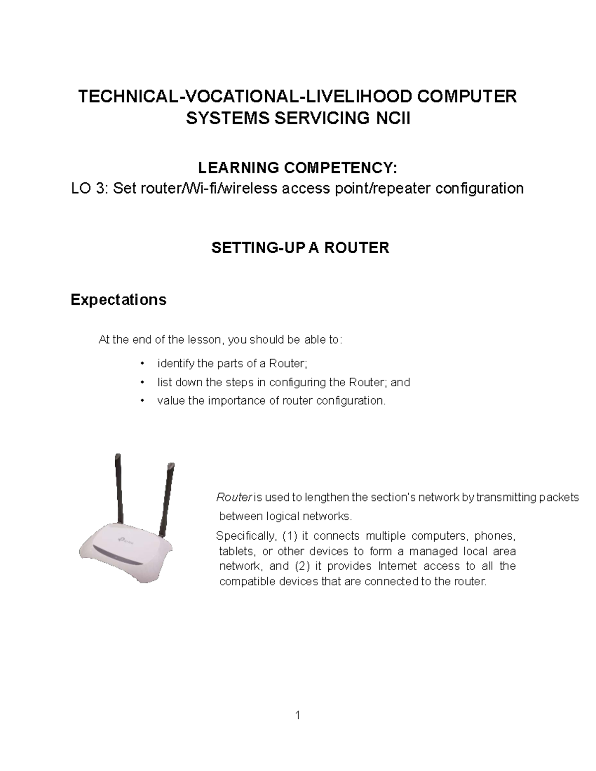 CSS NCII Lesson 1: Configuring Router Access Settings - Studocu