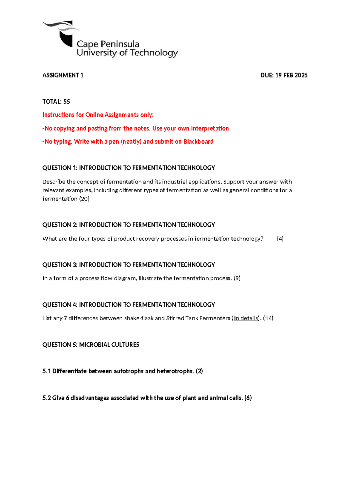 Assignment 1: Introduction to Fermentation Technology (Due: 19 Feb 2026 ...
