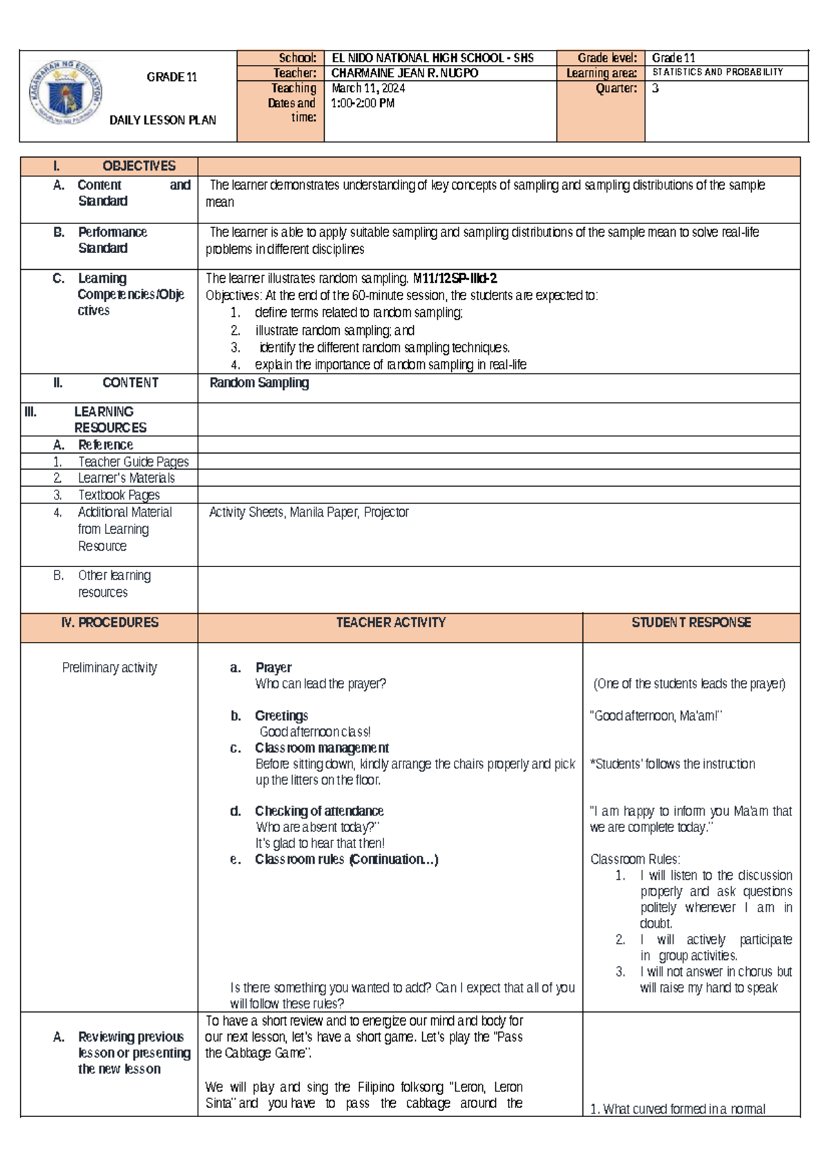 Grade 11 Statistics & Probability: Daily Lesson Plan on Random Sampling ...