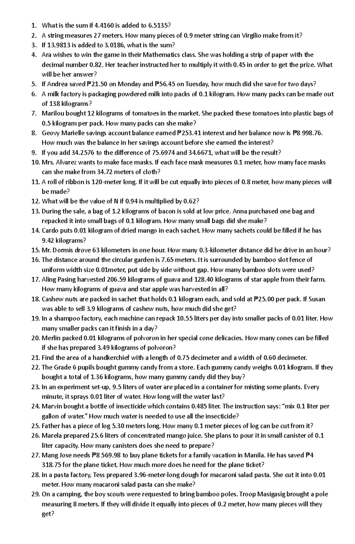WORD Problems in Mathematics for Grade 6: Decimals - Studocu