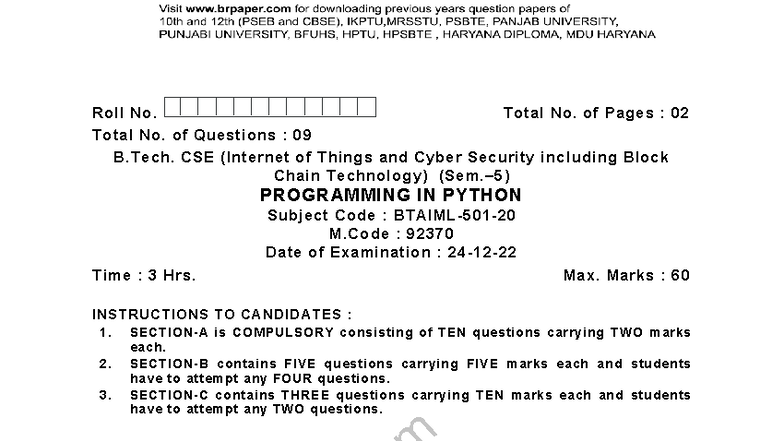 B.Tech. CSE M.Code: 92370 - Programming in Python Exam Questions - Studocu