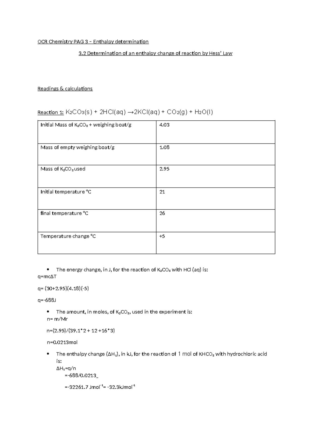 OCR Chemistry PAG 3: Enthalpy Change Determination Write-Up - Studocu