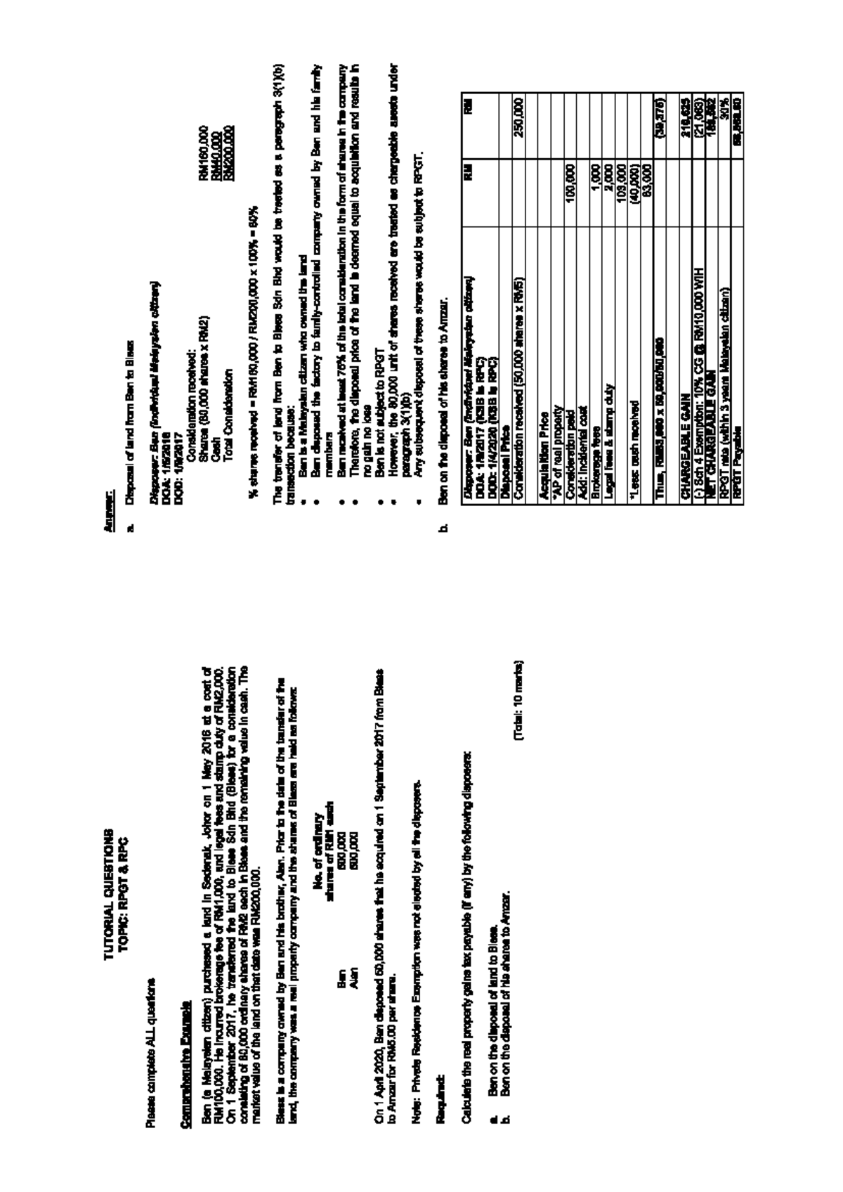 Tutorial Questions on RPGT: Disposal of Land and Shares Analysis - Studocu