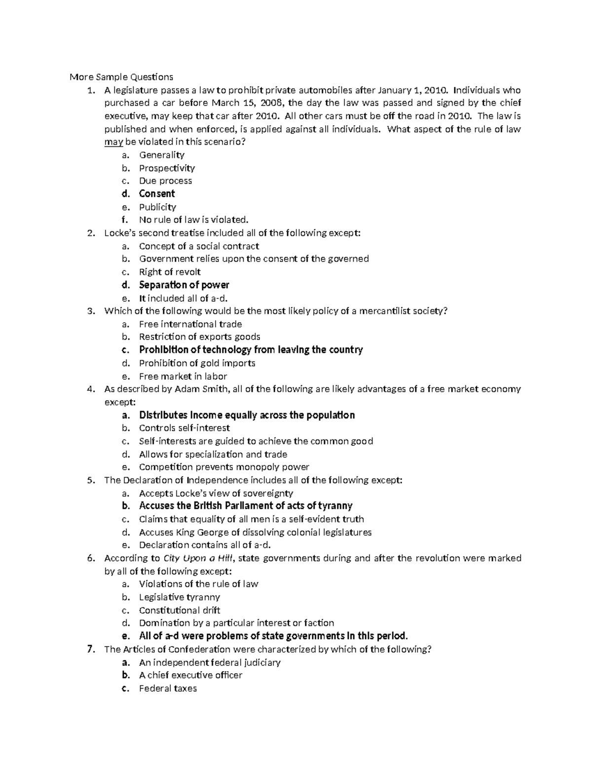 Sample Questions - A legislature passes a law to prohibit private 