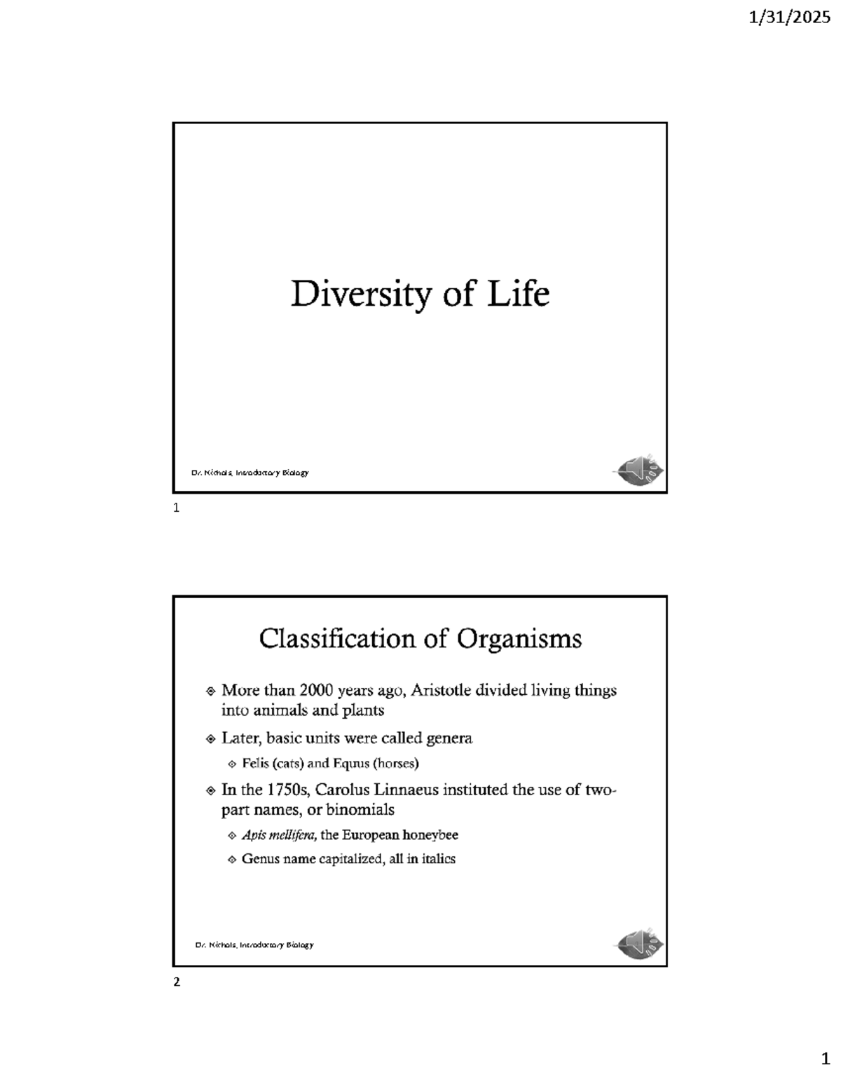 Introductory Biology (BIO101) Lecture 3: Diversity of Life Overview ...