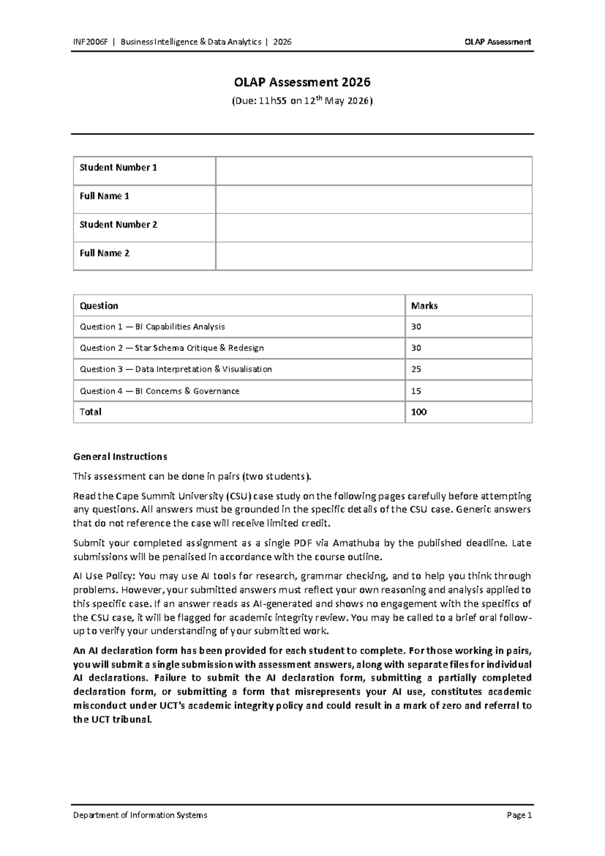 INF2006F Business Intelligence Data Analytics 2026 OLAP Assessment ...