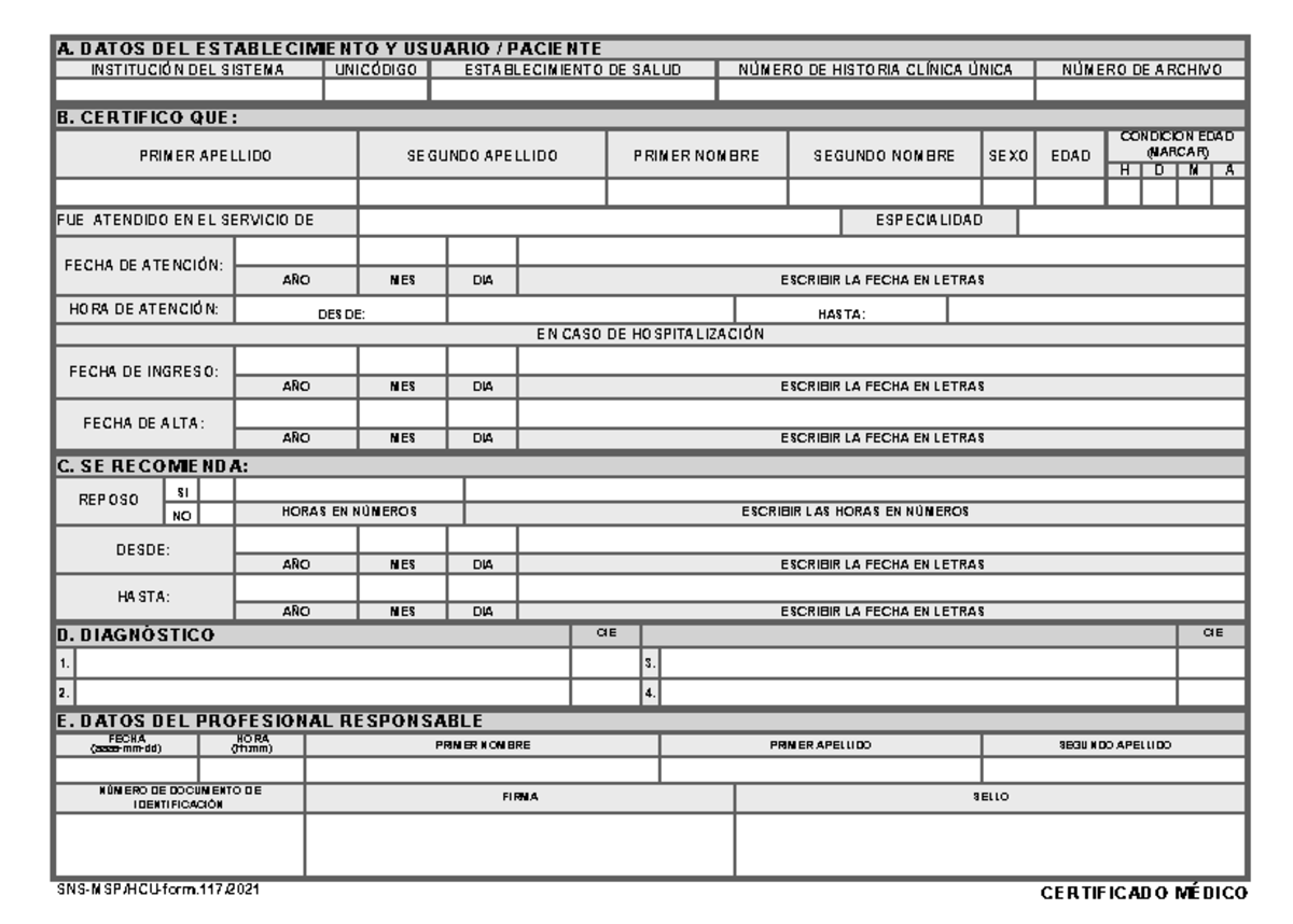 Certificado Médico 2021 - Formulario SNS-MSP/HCU-form.117 - Document Preview