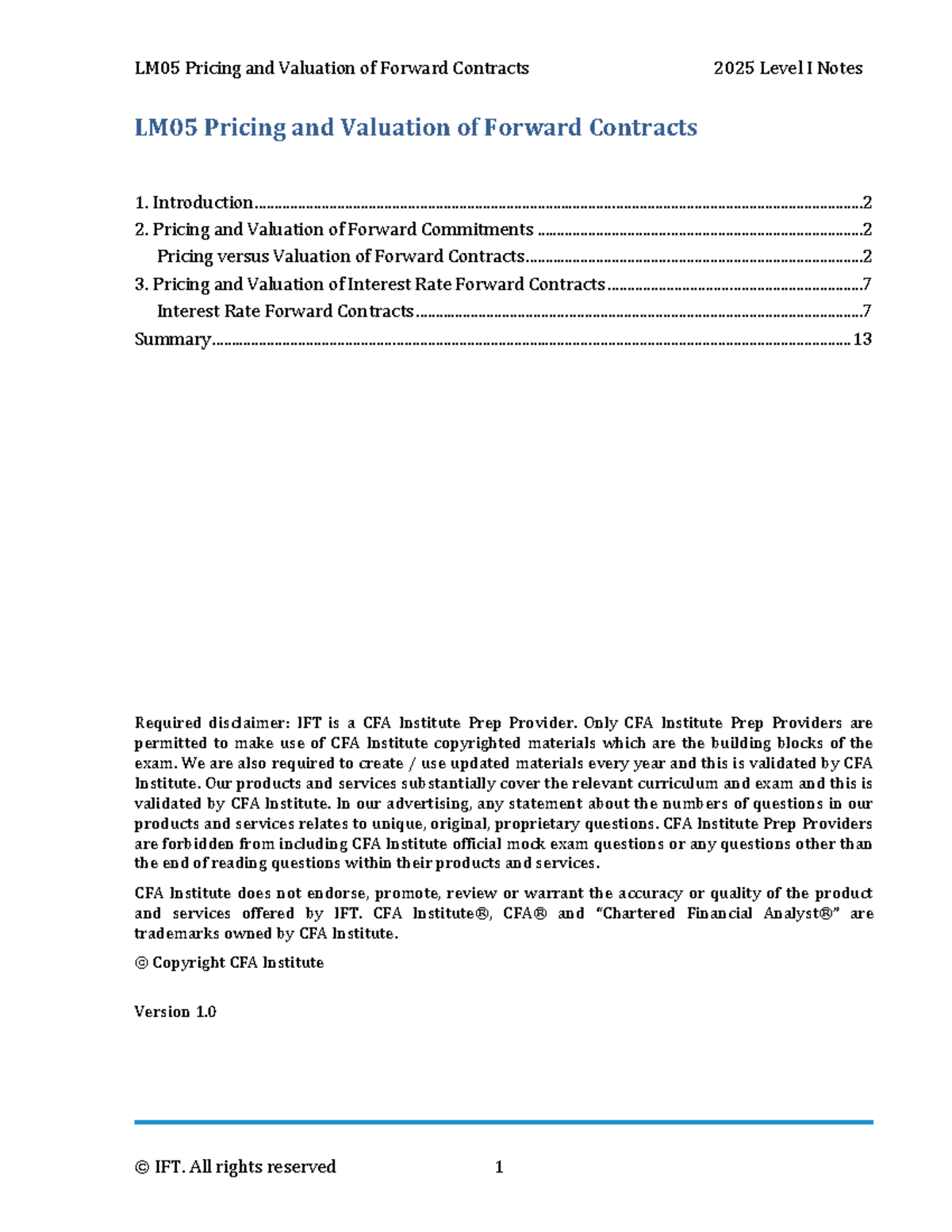 L1 LM05 Pricing and Valuation of Forward Contracts: Level I Study Notes ...
