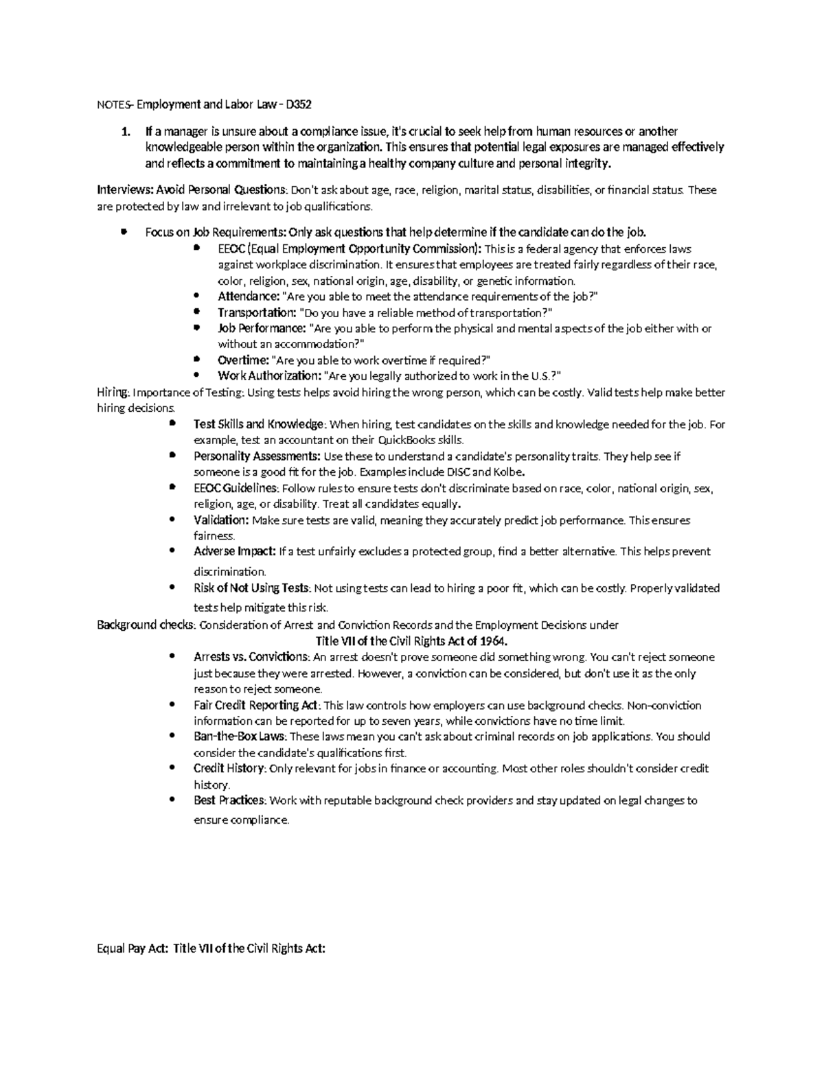 Employment and Labor Law D352: Comprehensive Study Notes - Studocu