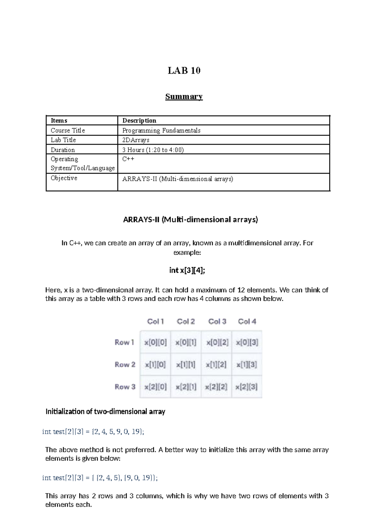 PF Lab 2D Arrays - LAB 10 Summary Items Description Course Title ...