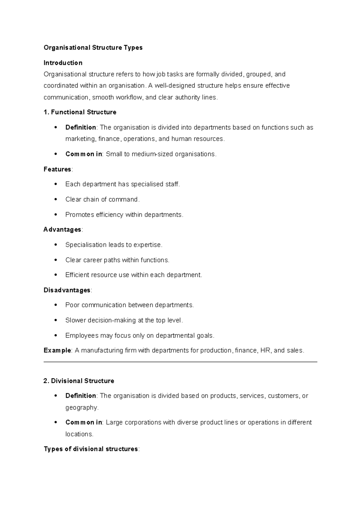 Notes on organisational structure types - MGT200 Chapter 6 - Studocu