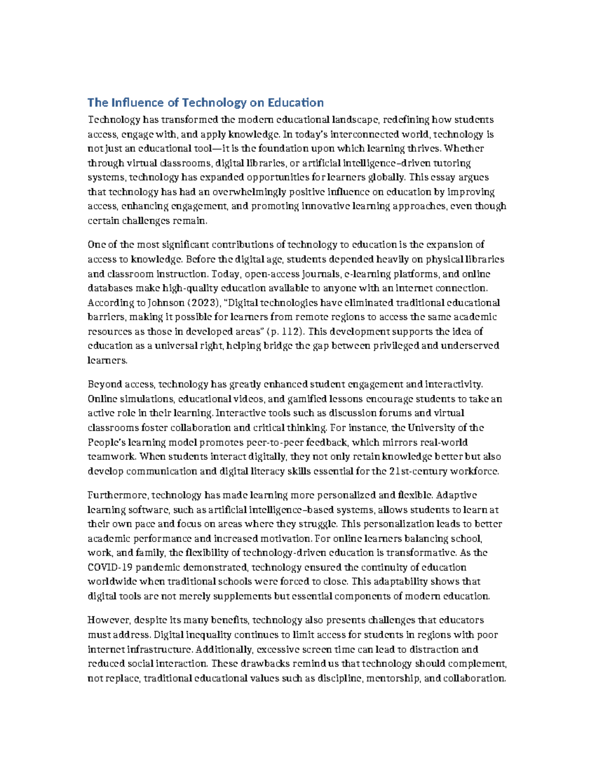 The Positive Impact of Technology on Education: An Essay - Studocu