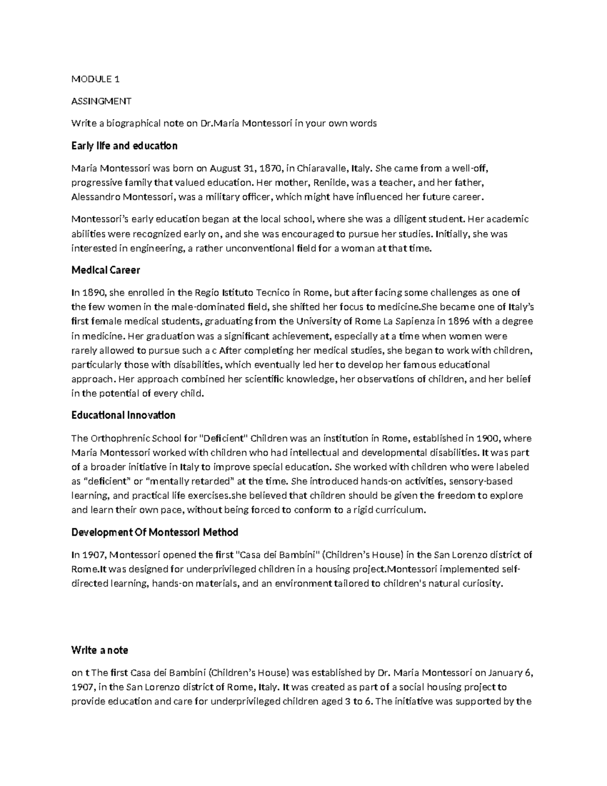 MODULE 1 ASSIGNMENT: Biographical Note on Dr. Maria Montessori - Studocu