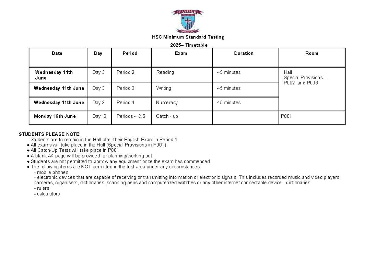 2025 HSC Minimum Standard Testing Timetable and Guidelines - Studocu
