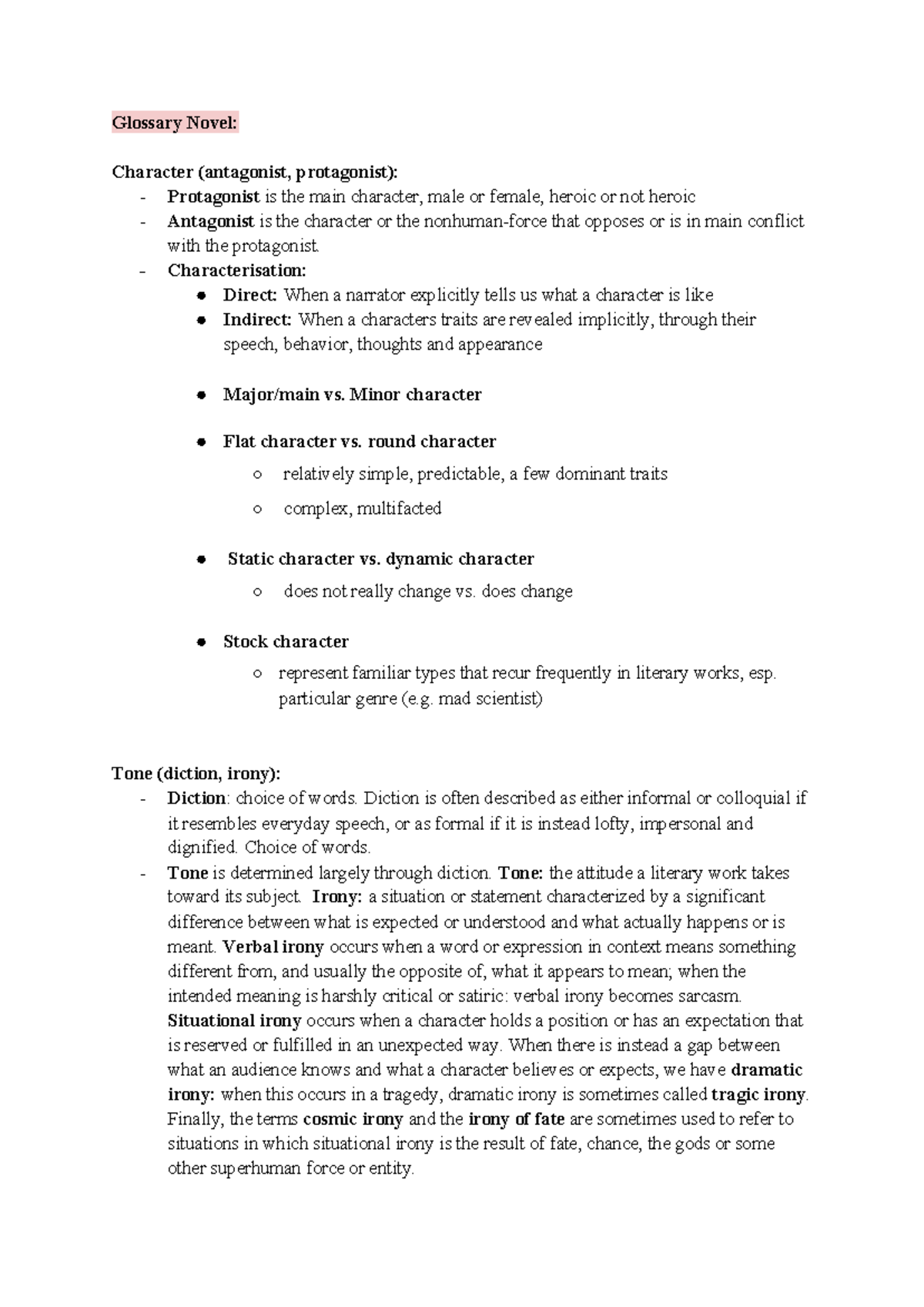 Literature Exam Glossary: Key Terms & Concepts for Analysis - Studocu
