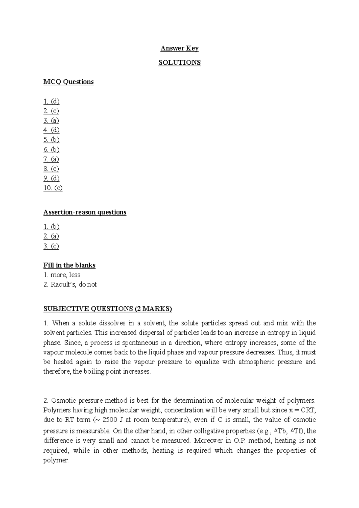 ANS - Answers - Answer Key SOLUTIONS MCQ Questions (d) (c) (a) (d) (b ...