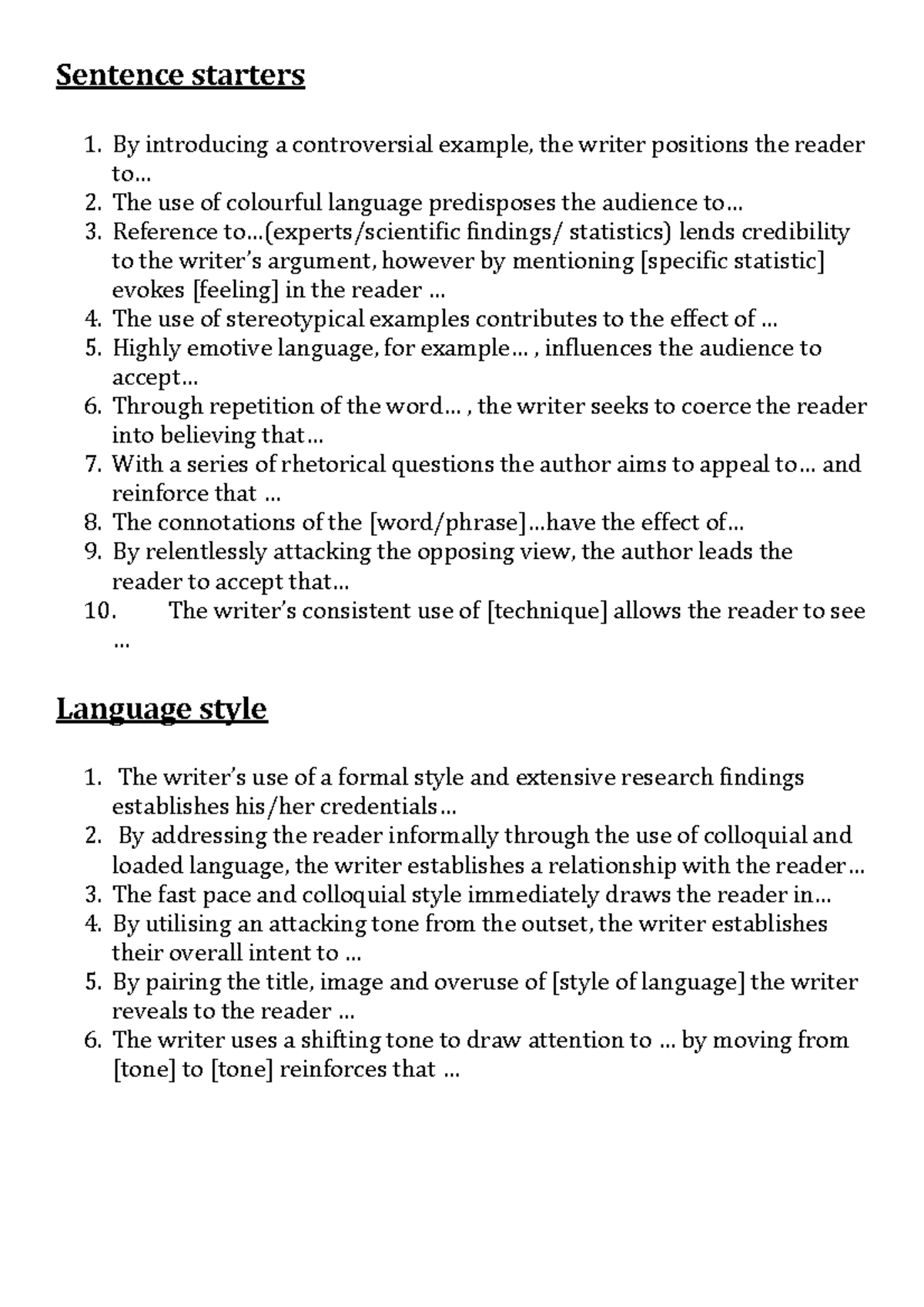 Effective Sentence Starters for Argumentative Writing - Studocu