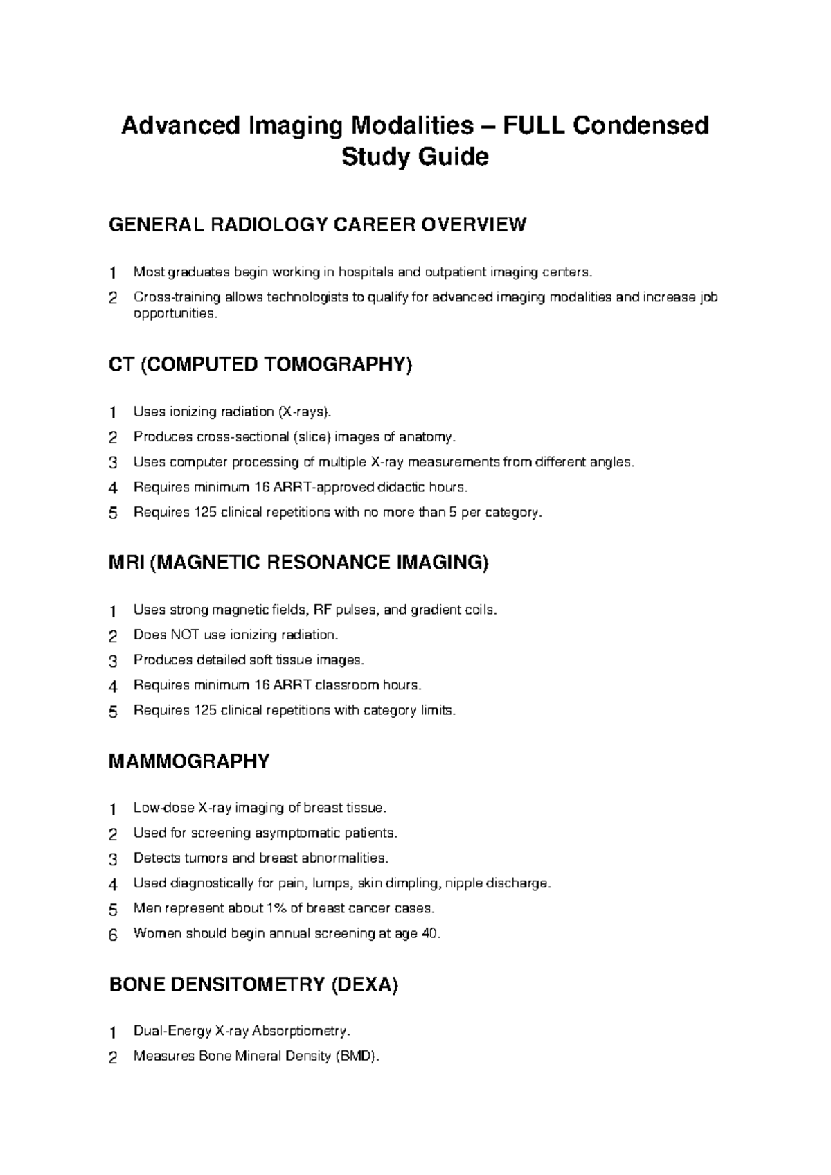 Advanced Imaging Modalities Study Guide for General Radiology - Studocu