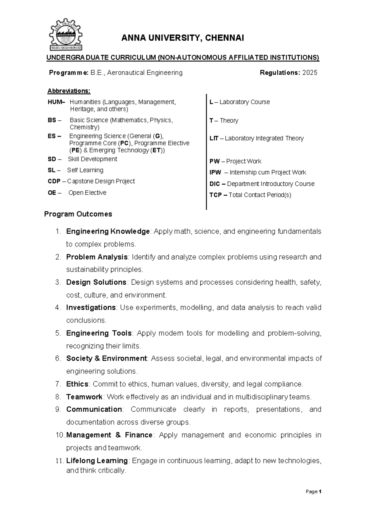 B.E. Aeronautical Engineering Syllabus (Regulations 2025) - Studocu