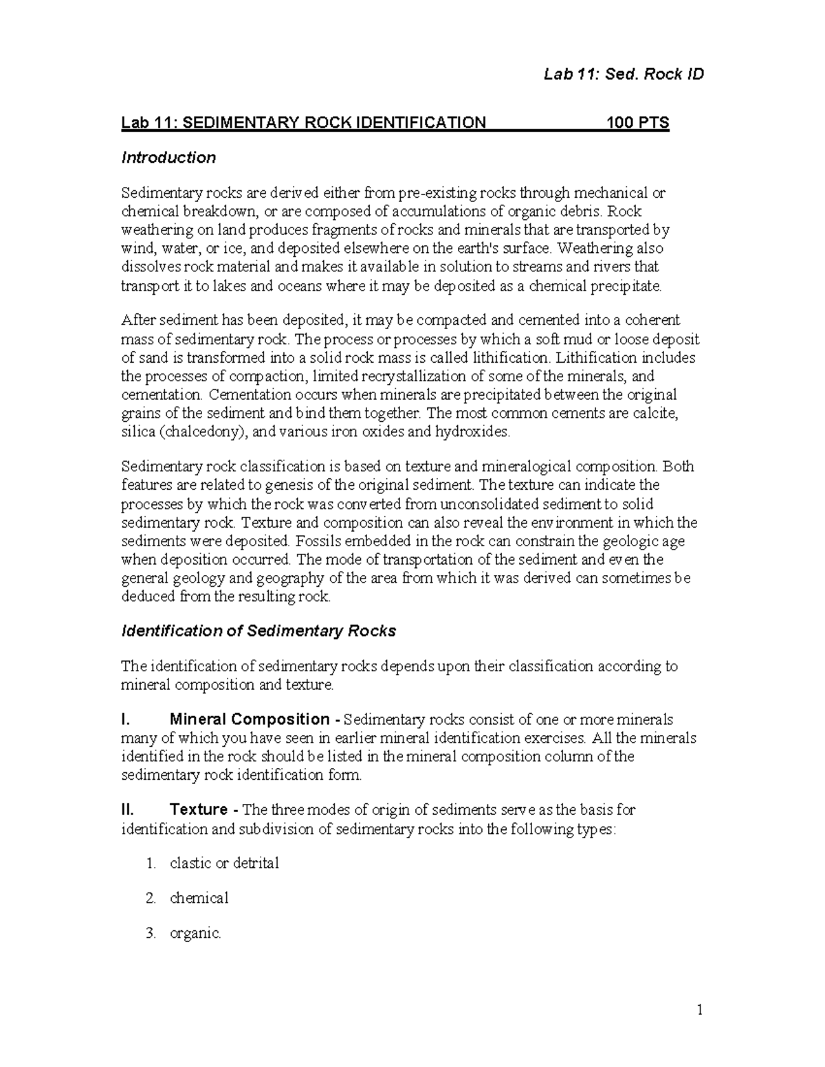 Lab 11: Sedimentary Rocks Identification Guide - Studocu