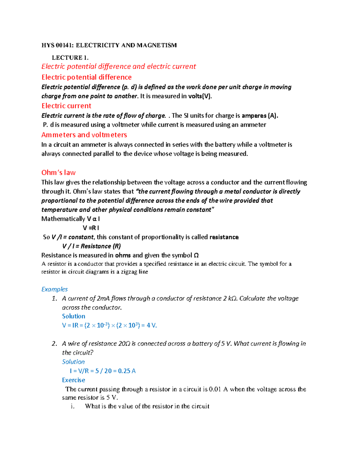 HYS 00141 Lecture 1: Summary Notes on Electric Potential & Current ...