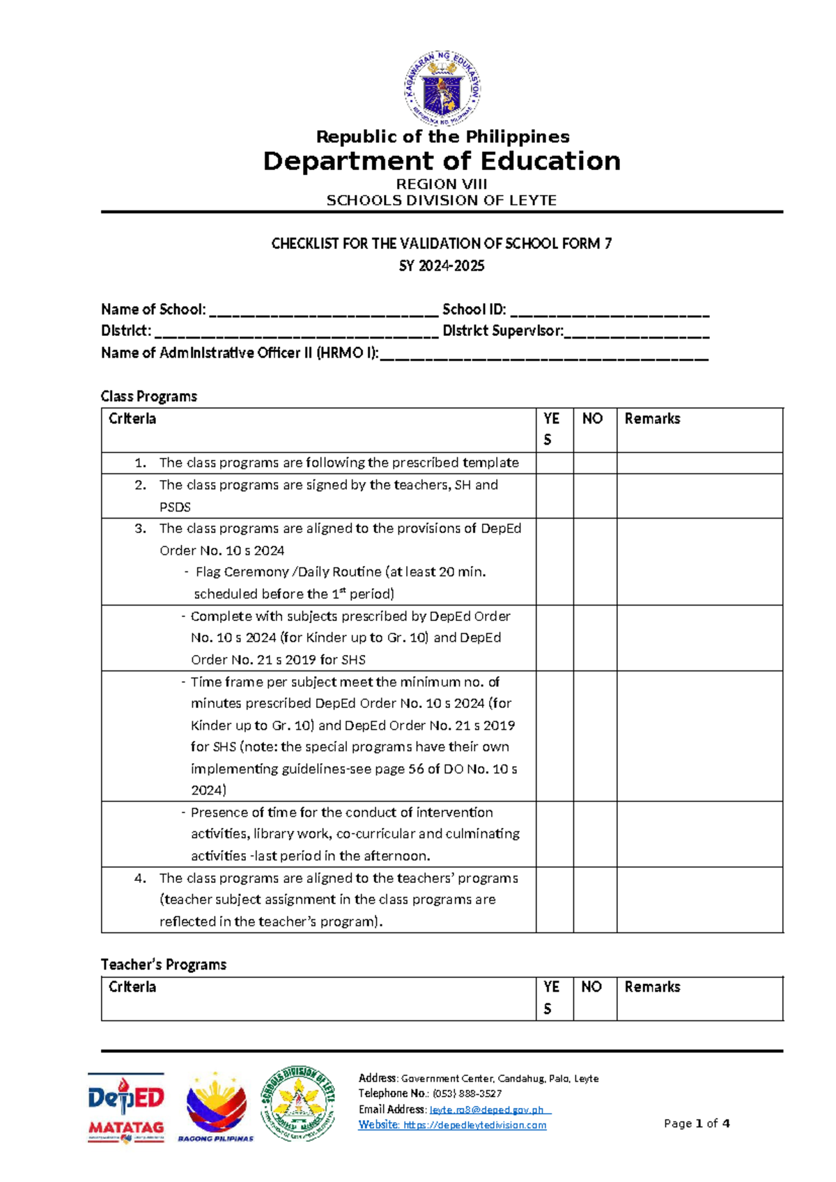 Checklist for Validation of School Form 7 - SY 2024 - Studocu