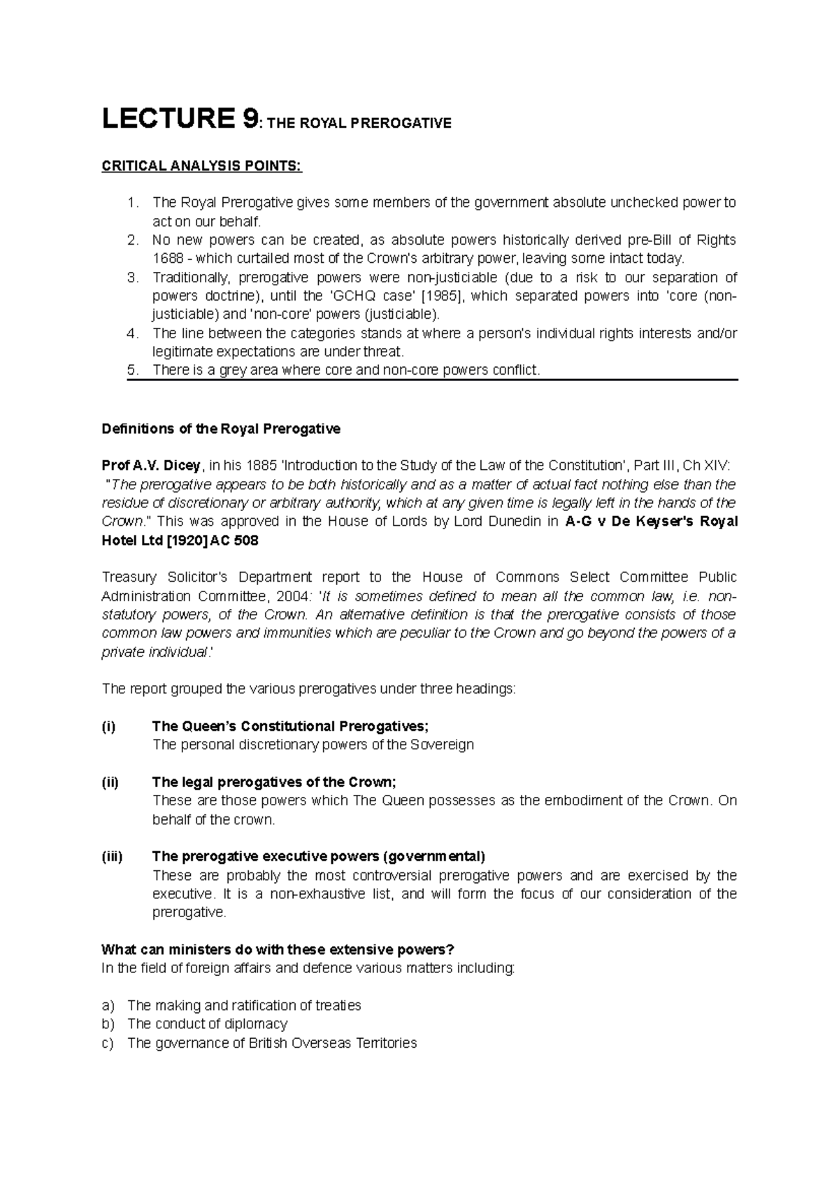 Lecture 9 - LECTURE 9: THE ROYAL PREROGATIVE CRITICAL ANALYSIS POINTS ...
