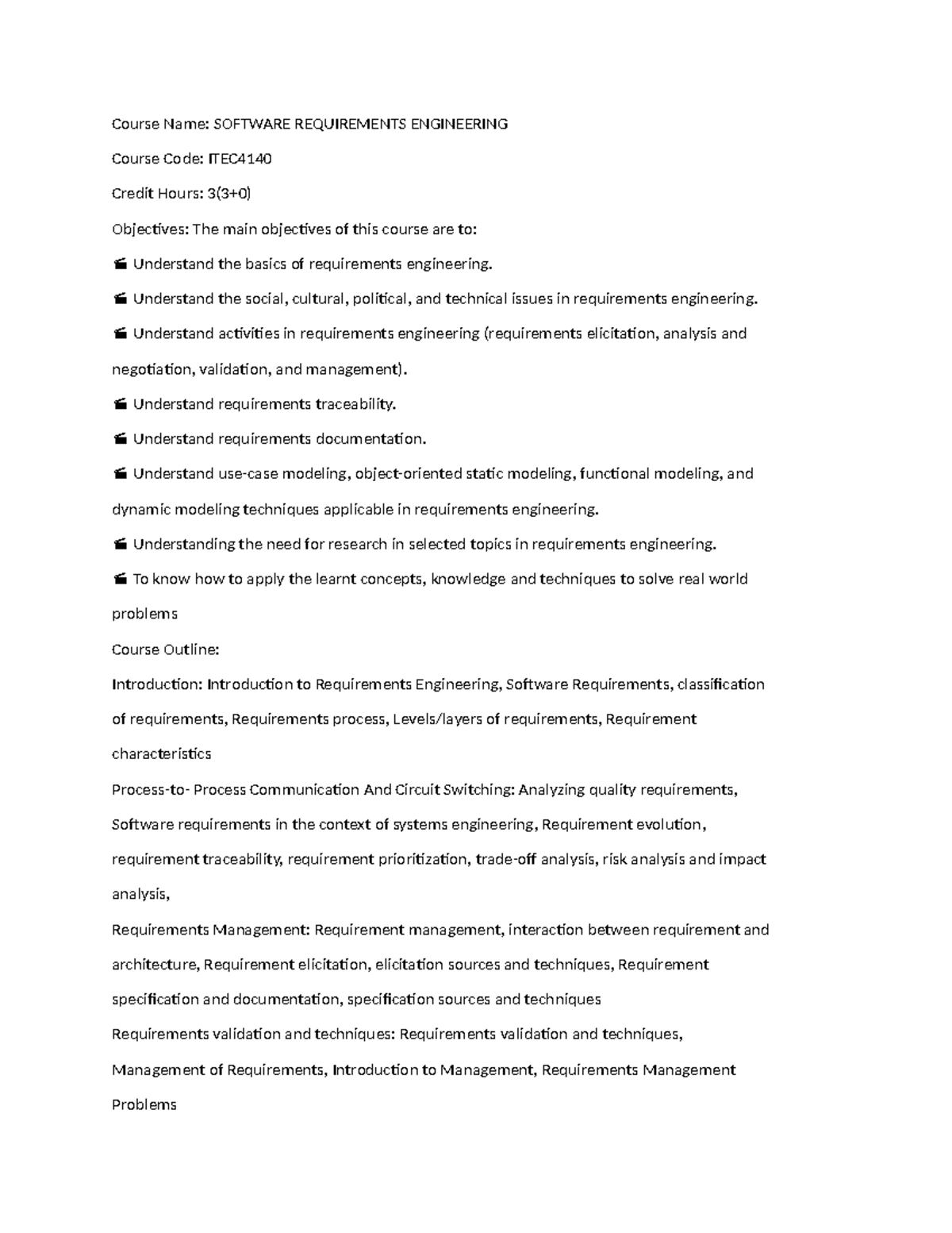 ITEC Software Requirements Engineering Course Overview and Objectives ...