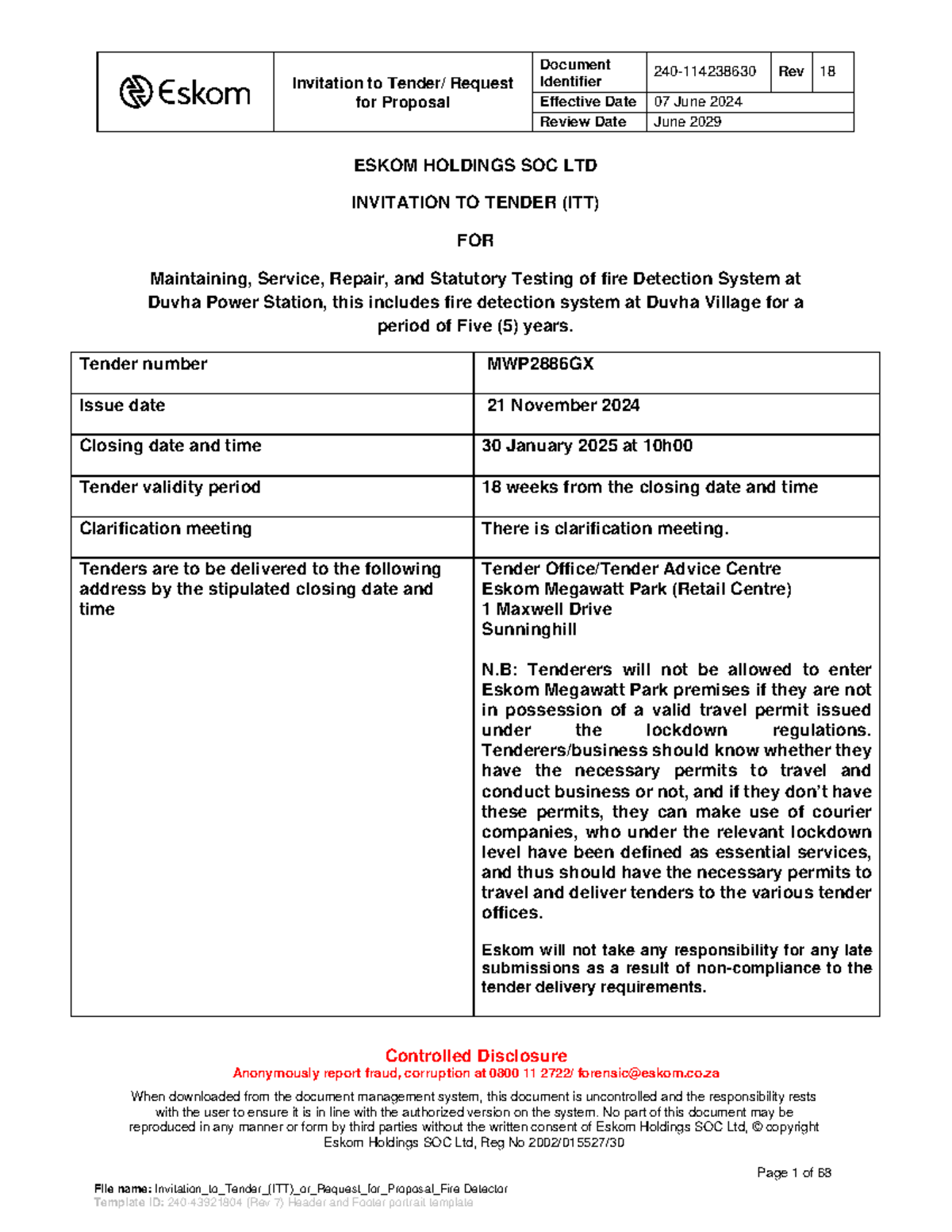 Invitation to Tender (ITT) or Request for Proposal Fire Detectorf ...