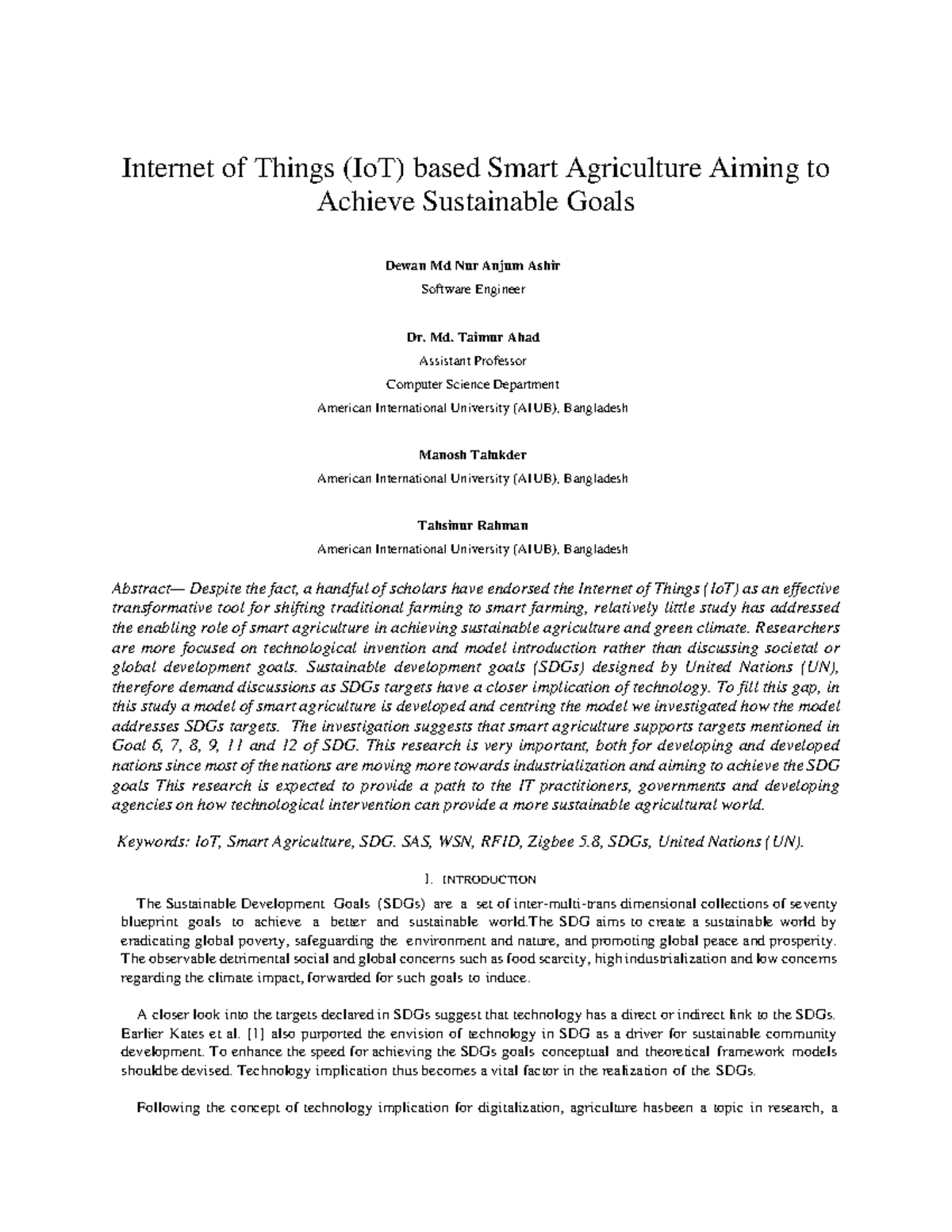 Internet Of Things Io T Based Smart Agriculture Aiming To Internet Of Things Iot