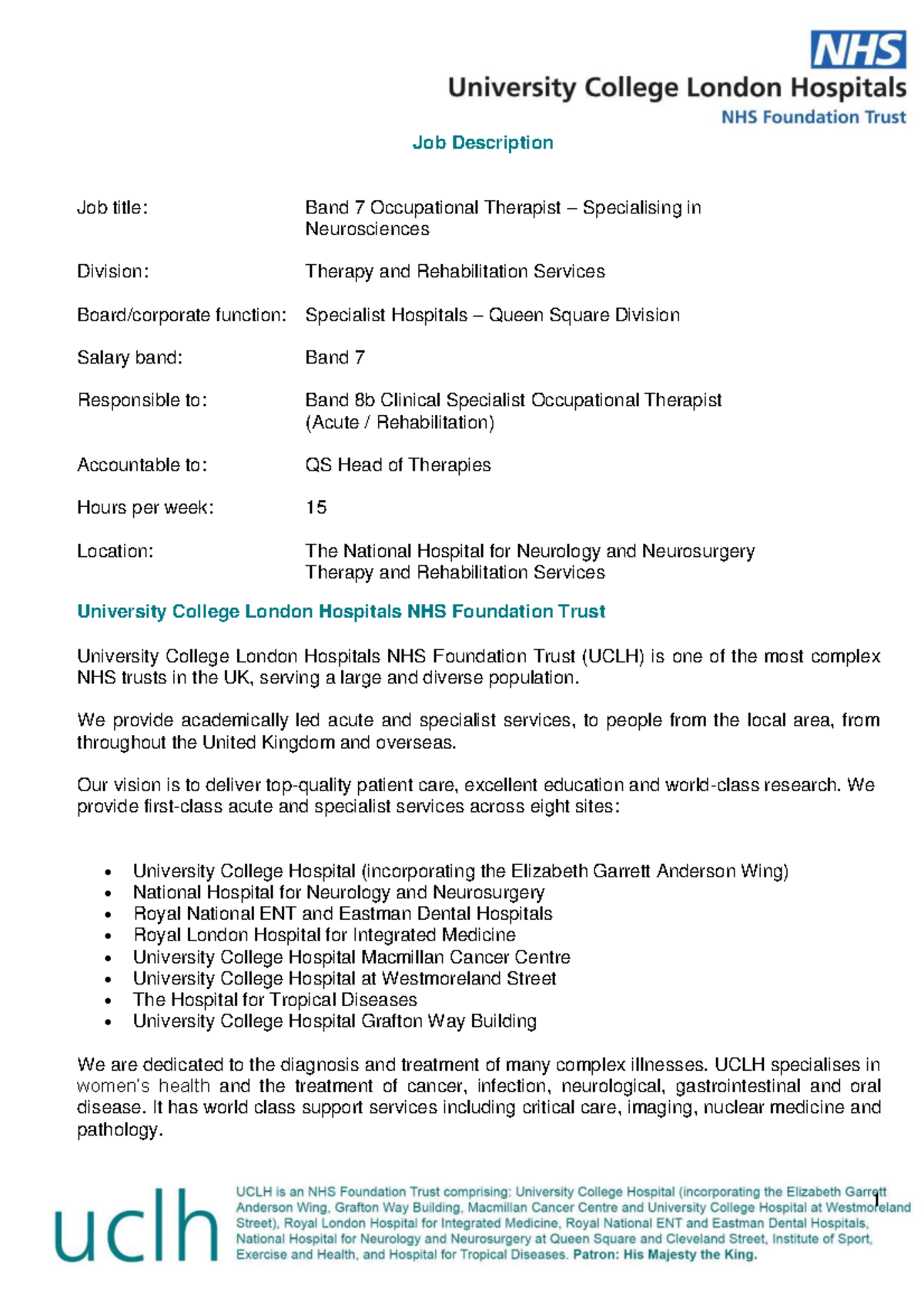 Job Description: Band 7 Occupational Therapist in Neurosciences at UCLH ...